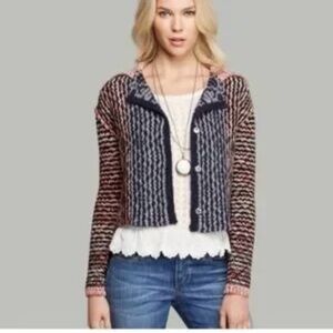 Free People Mixed Knit Wool Blend Cropped SweaterSz Small Open Back Snap Front